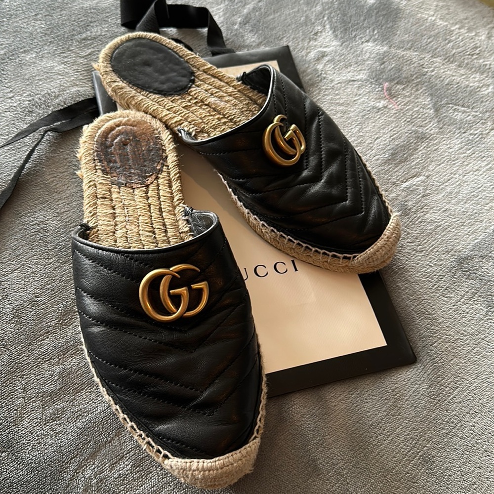 Size 38 7.5 LEATHER ESPADRILLE WITH DOUBLE G Gucci Marmont